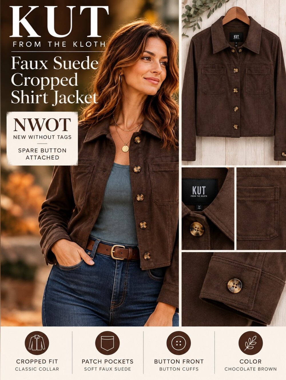 KUT From the Kloth Chocolate Brown Faux Suede Cropped Shirt Jacket NWOT